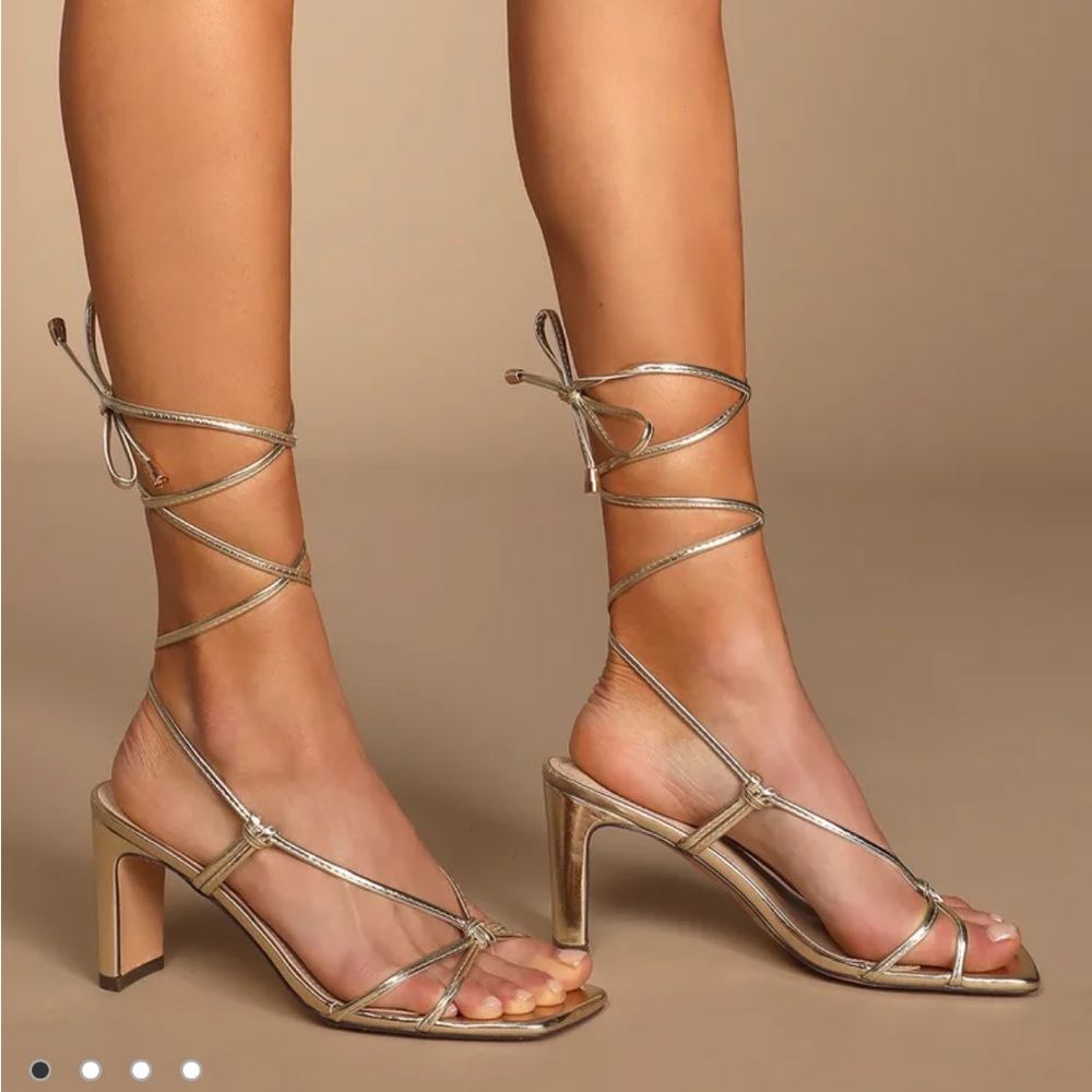 LULUS Jillia Gold Square Toe Lace-Up High Heel Sandals